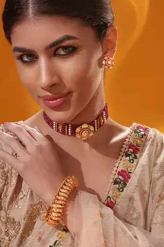 Gold plated red stone kundan necklace set