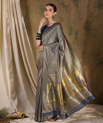 stylish grey banarasi art silk saree with weaving work  4