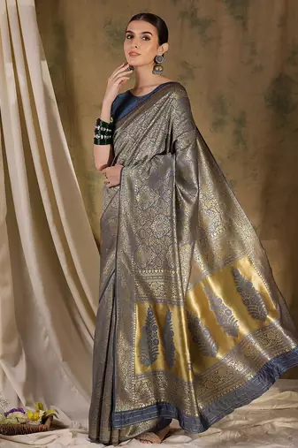 stylish grey banarasi art silk saree with weaving work 