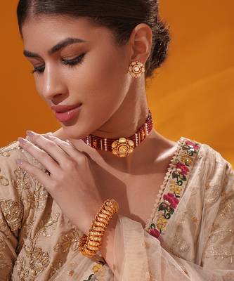 Gold plated red stone kundan necklace set 4