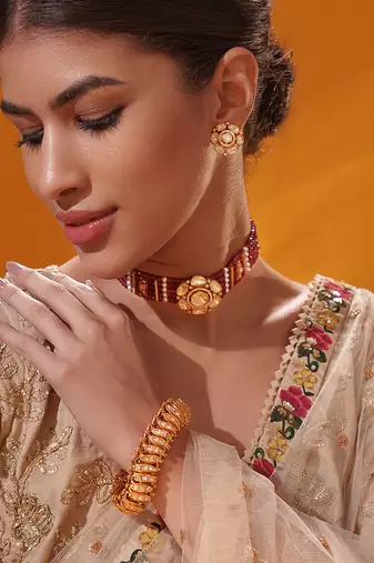 Gold plated red stone kundan necklace set