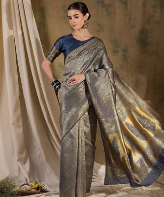 stylish grey banarasi art silk saree with weaving work  5