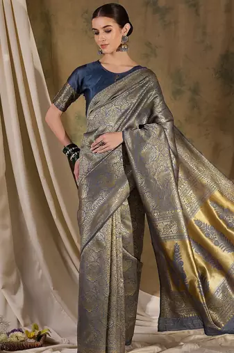 stylish grey banarasi art silk saree with weaving work 