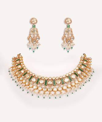 Gold plated green stone kundan necklace set 1