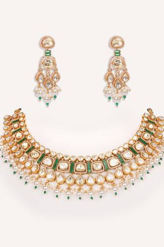 Gold plated green stone kundan necklace set