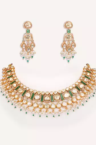 Gold plated green stone kundan necklace set