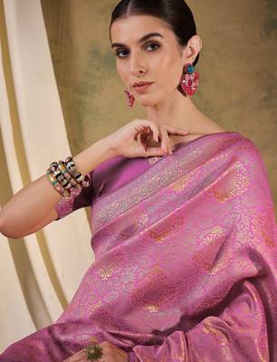 delicate baby pink banarasi art silk saree with weaving work  2