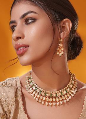 Gold plated green stone kundan necklace set 3