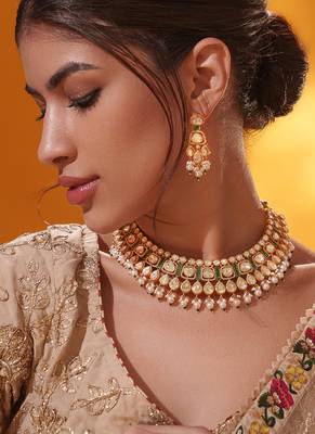 Gold plated green stone kundan necklace set 4