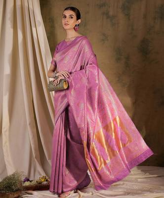 delicate baby pink banarasi art silk saree with weaving work  3