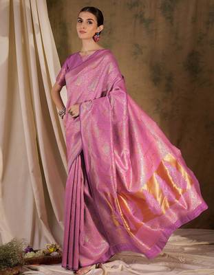 delicate baby pink banarasi art silk saree with weaving work  4