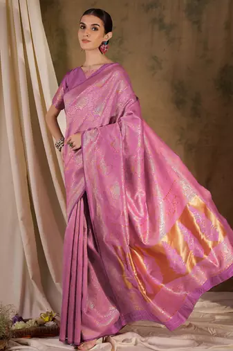delicate baby pink banarasi art silk saree with weaving work 