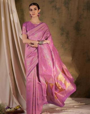 delicate baby pink banarasi art silk saree with weaving work  5