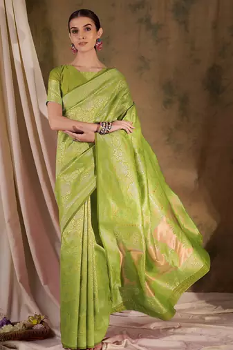 refreshing pista green banarasi art silk saree with weaving work 