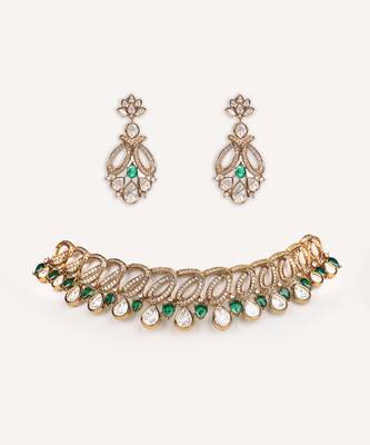 Gold plated green stone kundan necklace set 1