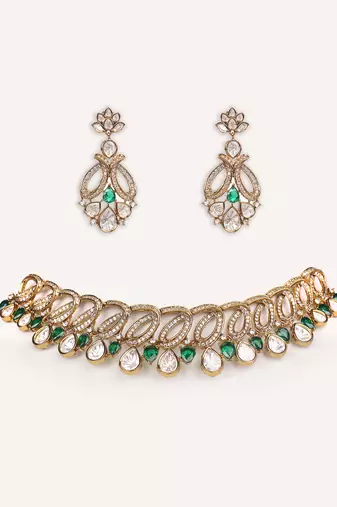 Gold plated green stone kundan necklace set