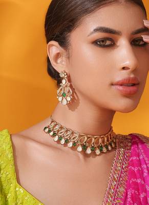 Gold plated green stone kundan necklace set 2