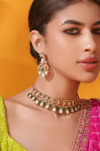 Gold plated green stone kundan necklace set
