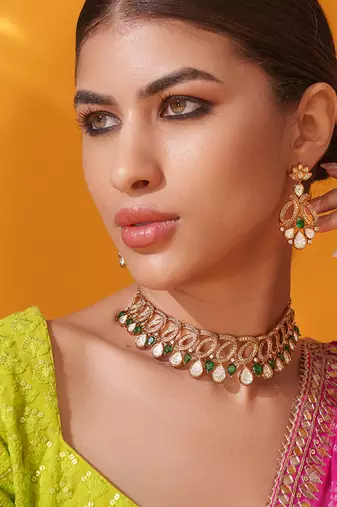 Gold plated green stone kundan necklace set