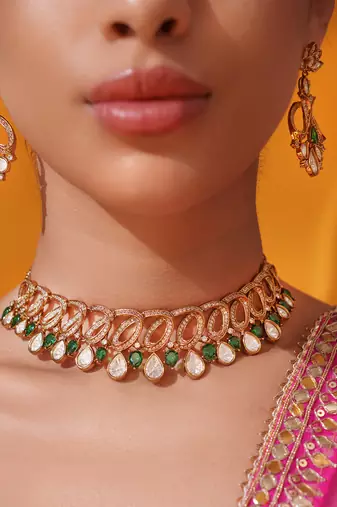 Gold plated green stone kundan necklace set