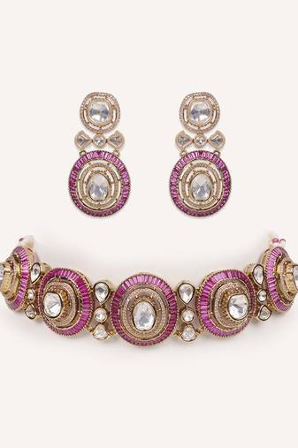 Gold plated red stone kundan necklace set
