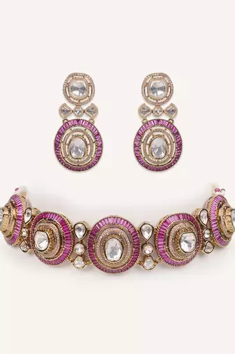 Gold plated red stone kundan necklace set
