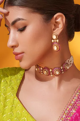 Gold plated red stone kundan necklace set