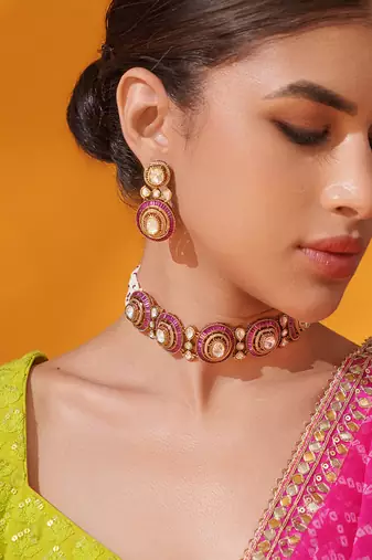 Gold plated red stone kundan necklace set