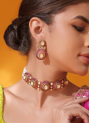 Gold plated red stone kundan necklace set 4