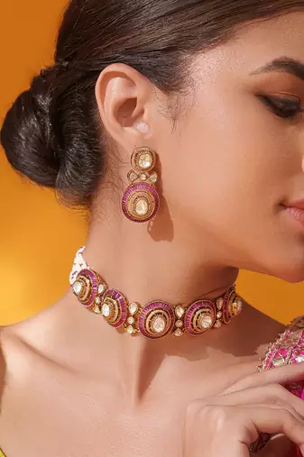Gold plated red stone kundan necklace set