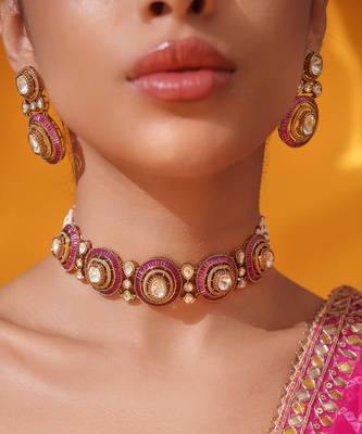 Gold plated red stone kundan necklace set 5