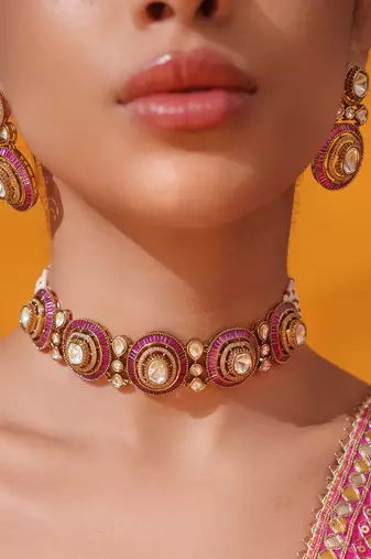 Gold plated red stone kundan necklace set