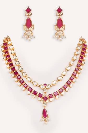 Gold plated red stone kundan necklace set