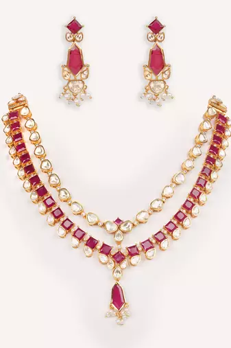 Gold plated red stone kundan necklace set