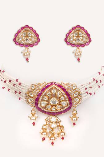 Gold plated red stone kundan necklace set