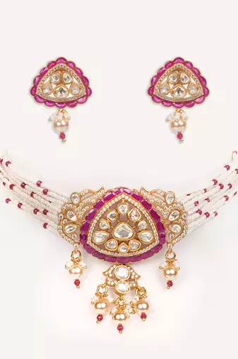 Gold plated red stone kundan necklace set
