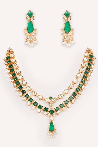 Gold plated green stone kundan necklace set