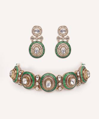 Gold plated green stone kundan necklace set 1