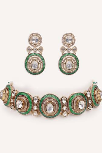 Gold plated green stone kundan necklace set
