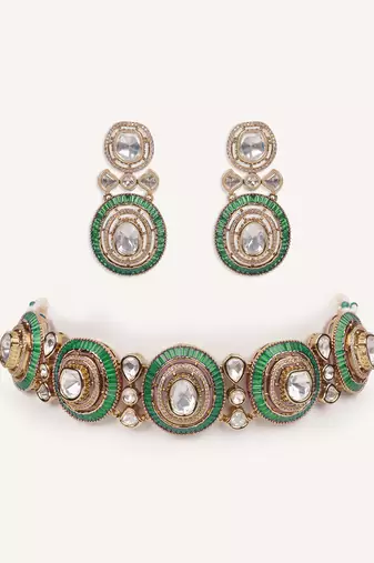 Gold plated green stone kundan necklace set