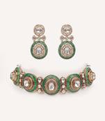 Gold plated green stone kundan necklace set