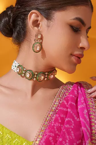 Gold plated green stone kundan necklace set
