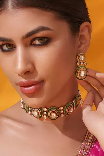 Gold plated green stone kundan necklace set