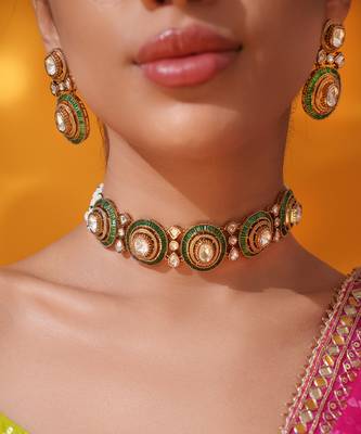 Gold plated green stone kundan necklace set 5