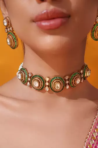 Gold plated green stone kundan necklace set