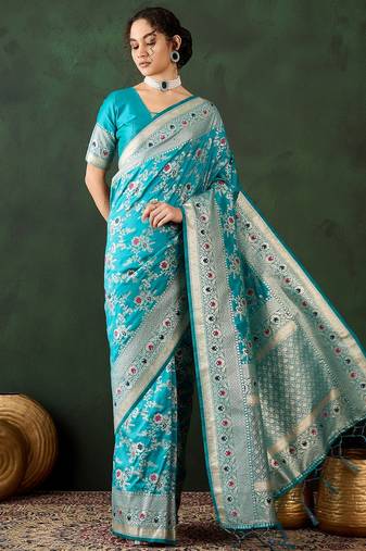 women's teal soft banarasi art silk weaving saree     timeless teal banarasi