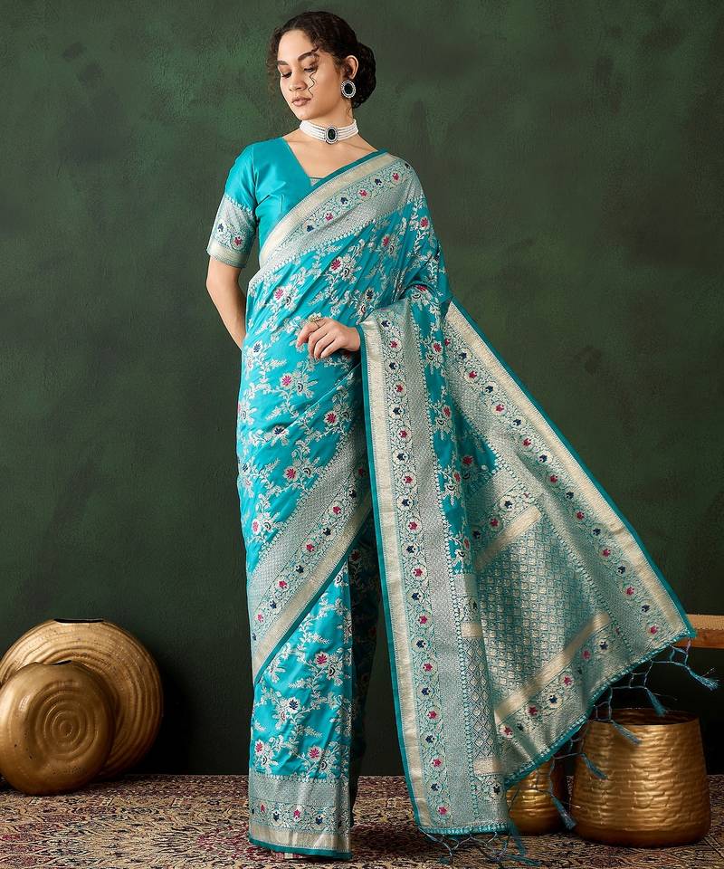 women's teal soft banarasi art silk weaving saree     timeless teal banarasi