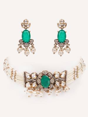 Gold plated green stone kundan necklace set 1