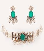 Gold plated green stone kundan necklace set