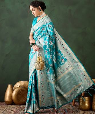 women's teal soft banarasi art silk weaving saree     timeless teal banarasi 2